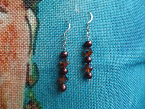 Brown Rounds w/Brown Swarovski Bicone beads on Sterling Silver Ear Wire (1-1/2")