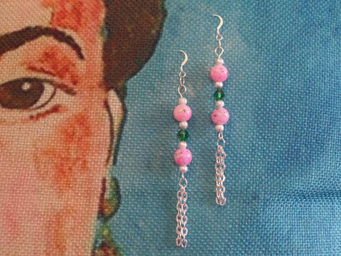 Hot Pink Rounds, Green Glass Bicones, Silver Links w/silver accent beads on Sterling Silver Ear Wire.