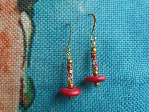 Red Enameled Glass w/Red Acrylic Disc on Gold Ear Wire