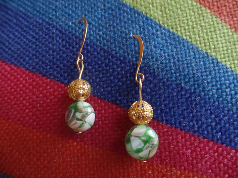 Green Marbled Glass Flat Rounds w/Gold Round beads on Gold Ear Wire