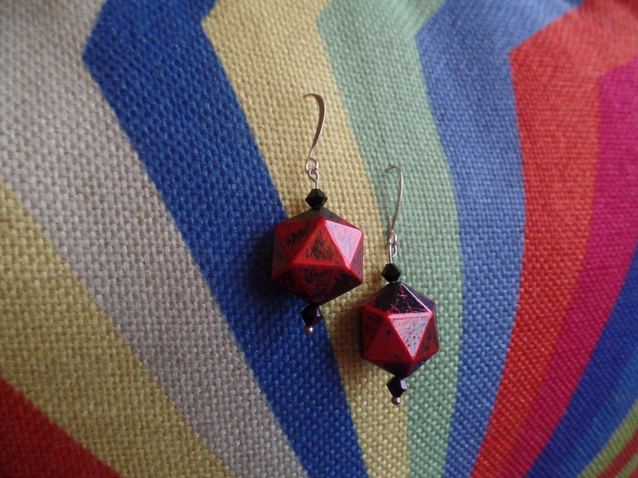 Red/Black Acrylic w/Tiny Black Bicone beads on Sterling Silver Ear Wire