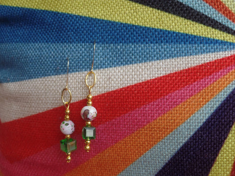 Iridescent Green Swarovski Cubes & Purple/Green Splash on White Glass Rounds on Gold Ear Wire