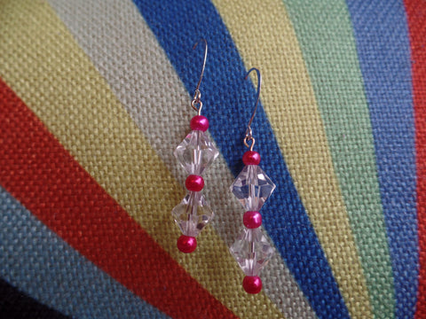 Clear Bicones w/Hot Pink accents on Sterling Silver Ear Wire